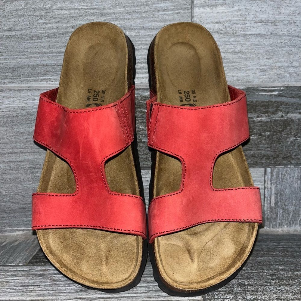 Birkenstock Betula Rusty Red 2 Cross Strap Slip on Sandals NWOT SZ 8 Narrow